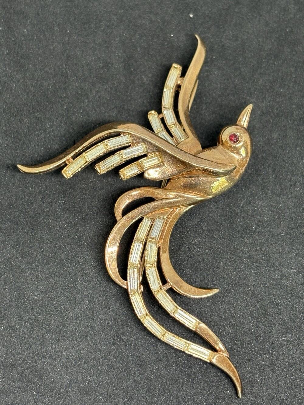 Vintage Signed Golden Trifari Pat 159923 Bird of Paradise Phoenix Exotic Brooch
